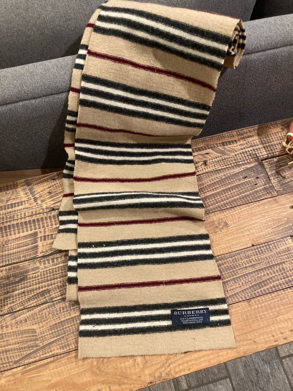 Burberry Tan Striped Long Wool Scarf with Black and Red Accents